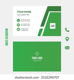 Tarjeta de visita con un moderno diseño de gradiente verde, iconos de contacto, código QR, espacio del logotipo y campos personalizables y de posición.