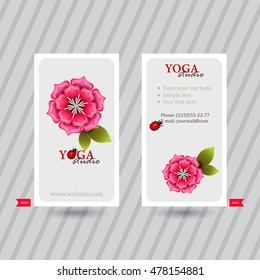 Business card with naturalistic floral composition for yoga studio or club. Vertical template