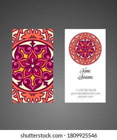 Business card on black background in vector. Vintage decorative elements. Islam, Arabic, Indian, ottoman motifs. Abstract Asian elements of the national pattern of the ancient nomads of the Kazakhs.