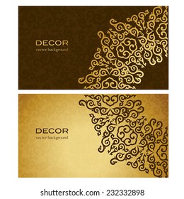 Business Card In Oriental Style. Gold Ornament Brown Background. 