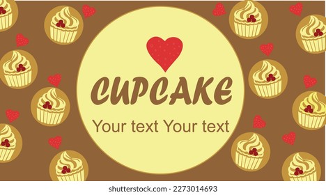 Business card for a pastry chef - cupcakes. Cupcakes with hearts on a brown background. Vector.