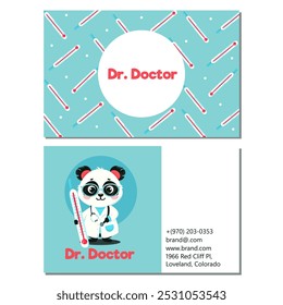  a business card of a pediatrician. Panda illustration in flat style in blue and pink colors. A business card template with a character.