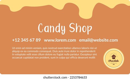 business card with personal information, phone number and website link of candy shop factory or seller. Store with confectionery sweets. Promotional banner or advertisement, vector in flat style