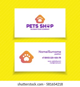 Business card with pets shop logo for used for corporate identity pets home, store, animals veterinary clinic and homeless animals shelters. Vector Illustration