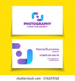 Business card with photography logo on white background used for corporate identity photo studio, photo school, wedding photography. Vector Illustration