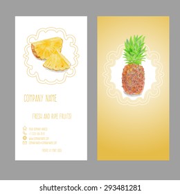 Business card with pineapple drawn with color pencils. Elegant fruit design for invitation, flyer, leaflet or label.
