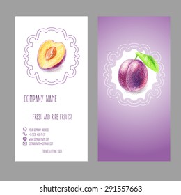 Business card with plum drawn with color pencils. Elegant fruit design for invitation, flyer, leaflet or label.