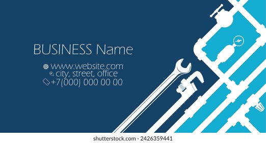 Business card for plumbing repair, wrench and water pipe system