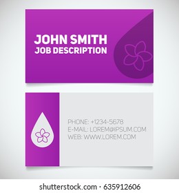 Business card print template with aroma oil drop logo. Manager. Spa salon cosmetologist. Aromatherapy. Stationery design concept. Vector illustration