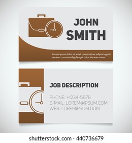 Business card print template with briefcase and clock logo. Easy edit. Manager. Work management. Businessman. Stationery design concept. Vector illustration