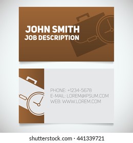 Business card print template with briefcase and clock logo. Easy edit. Manager. Work management. Businessman. Stationery design concept. Vector illustration