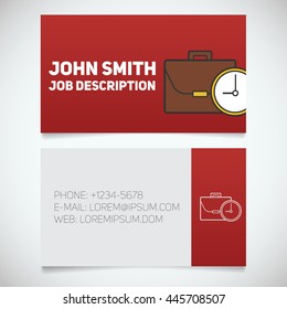 Business card print template with briefcase and clock logo. Easy edit. Manager. Work and time management. Businessman. Stationery design concept. Vector illustration