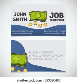 Business card print template with cash and coins logo. Businessman. Accountant. Stationery design concept. Vector illustration
