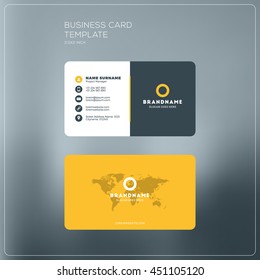 Business card print template with company logo. Black and yellow colors. Clean flat design. Vector illustration. Business card mockup with rounded corners on grey blurred background
