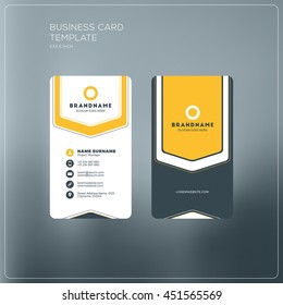 Plantilla de impresión de tarjeta profesional con el logotipo de la empresa. Color negro y amarillo. Diseño plano limpio. Ilustración vectorial. Burla de tarjetas de visita con esquinas redondeadas sobre fondo gris borroso