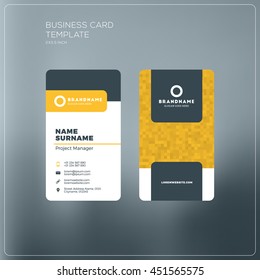 Business card print template with company logo. Black and yellow colors. Clean flat design. Vector illustration. Business card mockup with rounded corners on grey blurred background