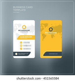 Plantilla de impresión de tarjeta profesional con el logotipo de la empresa. Color negro y amarillo. Diseño plano limpio. Ilustración vectorial. Burla de tarjetas de visita con esquinas redondeadas sobre fondo gris borroso