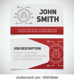 Business card print template with computer virus bug logo. Easy edit. Programmer. Cyber security. Stationery design concept. Vector illustration