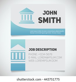 Business card print template with courthouse logo. Easy edit. Bank building. lawyer. Advocate. Judge. Banker. Stationery design concept. Vector illustration