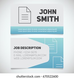 Business card print template with document logo. Secretary. Editor. Writer. Stationery design concept. Vector illustration