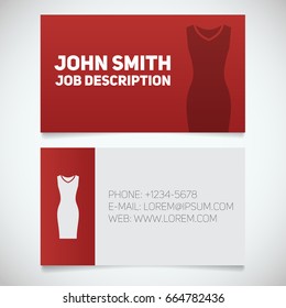 Business card print template with evening dress logo. Women's dresses shop. Stationery design concept. Vector illustration