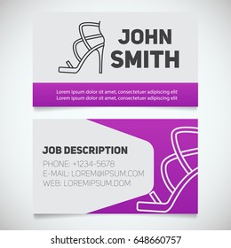 Business card print template with high heel shoe logo. Manager. Women's footwear shop assistant. Stationery design concept. Vector illustration