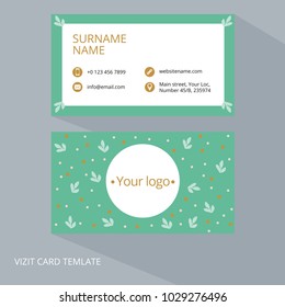 Business card print template with icons. Green and gold colors. Clean flat design. Vector illustration. Business card mockup with flower pattern on a gray background.
