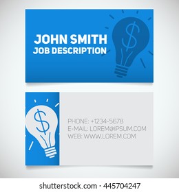 Business card print template with light bulb and dollar logo. Easy edit. Creative director. Startup manager. Stationery design concept. Vector illustration