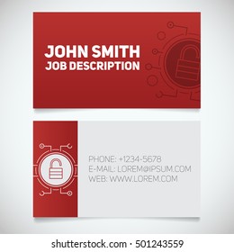 Business card print template with lock logo. Easy edit. Manager. Cyber security. Data protection. Padlock in microchip pathways. Stationery design concept. Vector illustration