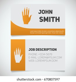 Business card print template with manicure logo. Manager. Manicurist. Woman's hand with manicure. Stationery design concept. Vector illustration