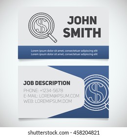 Business card print template with money search logo. Easy edit. Businessman. Magnifying glass with dollar sign. Stationery design concept. Vector illustration