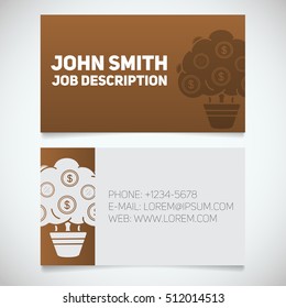 Business card print template with money tree logo. Easy edit. Businessman. Investor. Financier. Stationery design concept. Vector illustration