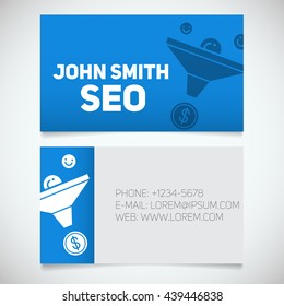 Business card print template with sales funnel logo. Easy edit. Marketer. Seo manager. Stationery design concept. Vector illustration