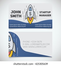 Business card print template with spaceship. Startup manager. Leadership coach. Stationery design concept. Vector illustration