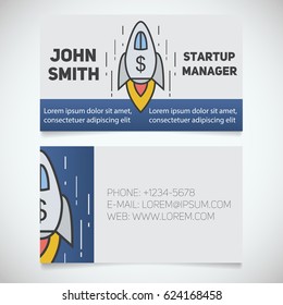 Business card print template with spaceship logo. Startup manager. Business coach. Goal achievement symbol. Stationery design concept. Vector illustration