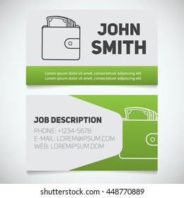Business card print template with wallet full of cash logo. Easy edit. Businessman. Purse with money. Stationery design concept. Vector illustration