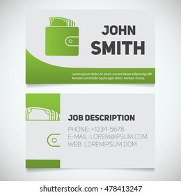 Business card print template with wallet full of cash logo. Easy edit. Purse with money. Stationery design concept. Vector illustration