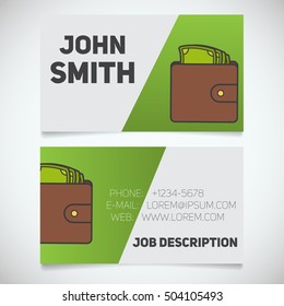 Business card print template with wallet full of cash logo. Easy edit. Purse with money. Businessman. Stationery design concept. Vector illustration