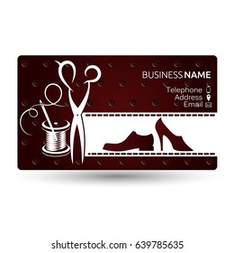 Business card repair shoe vector. Scissors, a skein of threads and a needle.