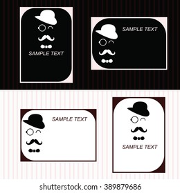Business card in retro style with a man in a hat with a mustache , glasses and a bow tie.Vector flyer , poster, banner, booklet.