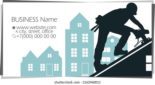 Business card for roofing. Roofer in uniform on the roof. Roof repair and construction with tool - Shutterstock ID 2162960011