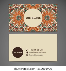 Business card. Round Ornament Pattern. Vintage decorative elements. Hand drawn background. Islam, Arabic, Indian, ottoman motifs.