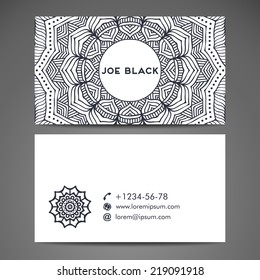 Business card. Round Ornament Pattern. Vintage decorative elements. Hand drawn background. Islam, Arabic, Indian, ottoman motifs.