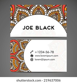 Business card. Round Ornament Pattern. Vintage decorative elements. Hand drawn background. Islam, Arabic, Indian, ottoman motifs.