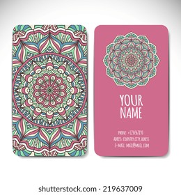 Business card. Round Ornament Pattern. Vintage decorative elements. Hand drawn background. Islam, Arabic, Indian, ottoman motifs.