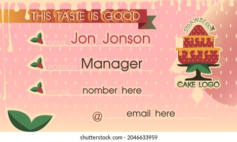 Business card for a business selling strawberry cakes, pies or pastries on pink background