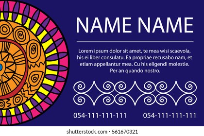 Business card with a semi-circular patterns on a blue background with inscriptions