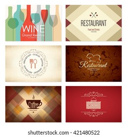 Business card set. 6 bright visiting cards. Food and drink theme. For cafe, coffee house, restaurant, bar