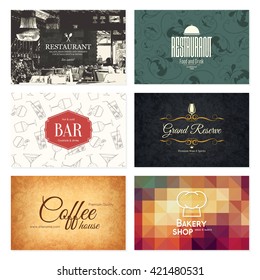 Business Card Set. 6 Bright Visiting Cards. Food And Drink Theme. For Cafe, Coffee House, Restaurant, Bar