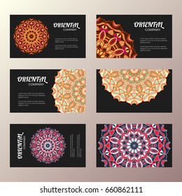 Business card set. Bright mandala decorative elements. Ornamental floral cards with oriental pattern. Islamic, arabic, indian, turkish, pakistan, chinese, japanese, asian motifs. Vector illustration.